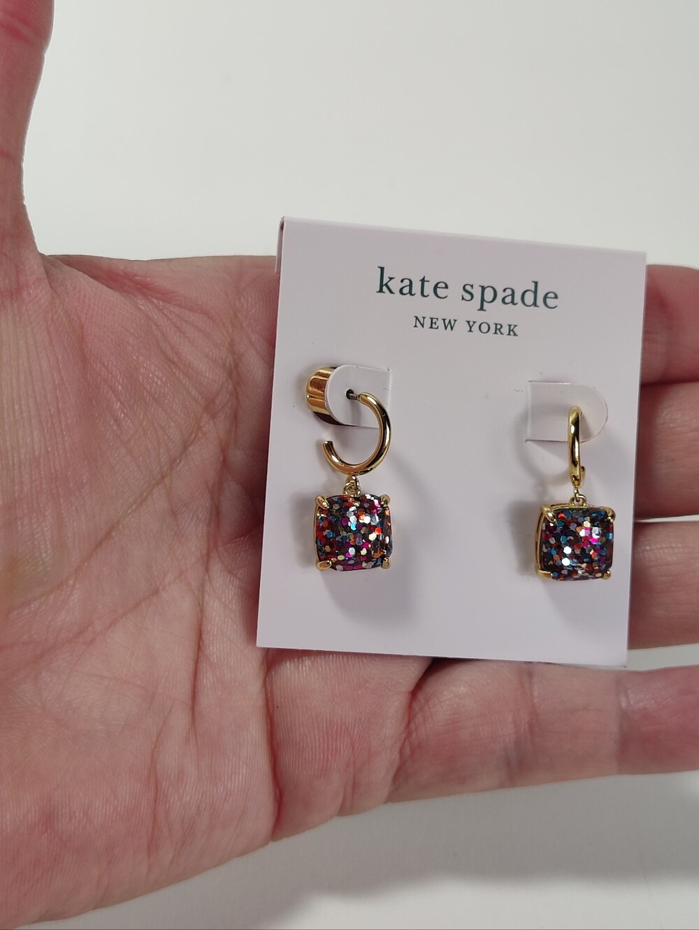 Kate Spade New York Multi Glitter Mini Square Huggie Earrings NWT Gold Tone - Picture 7 of 8